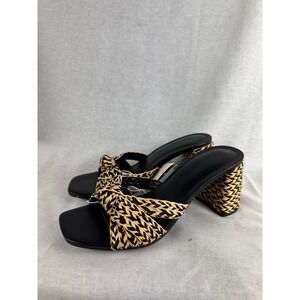 Universal Thread Aaliyah Raffia Block Heel Sandals Black Tan Square Toe 6.5 NEW